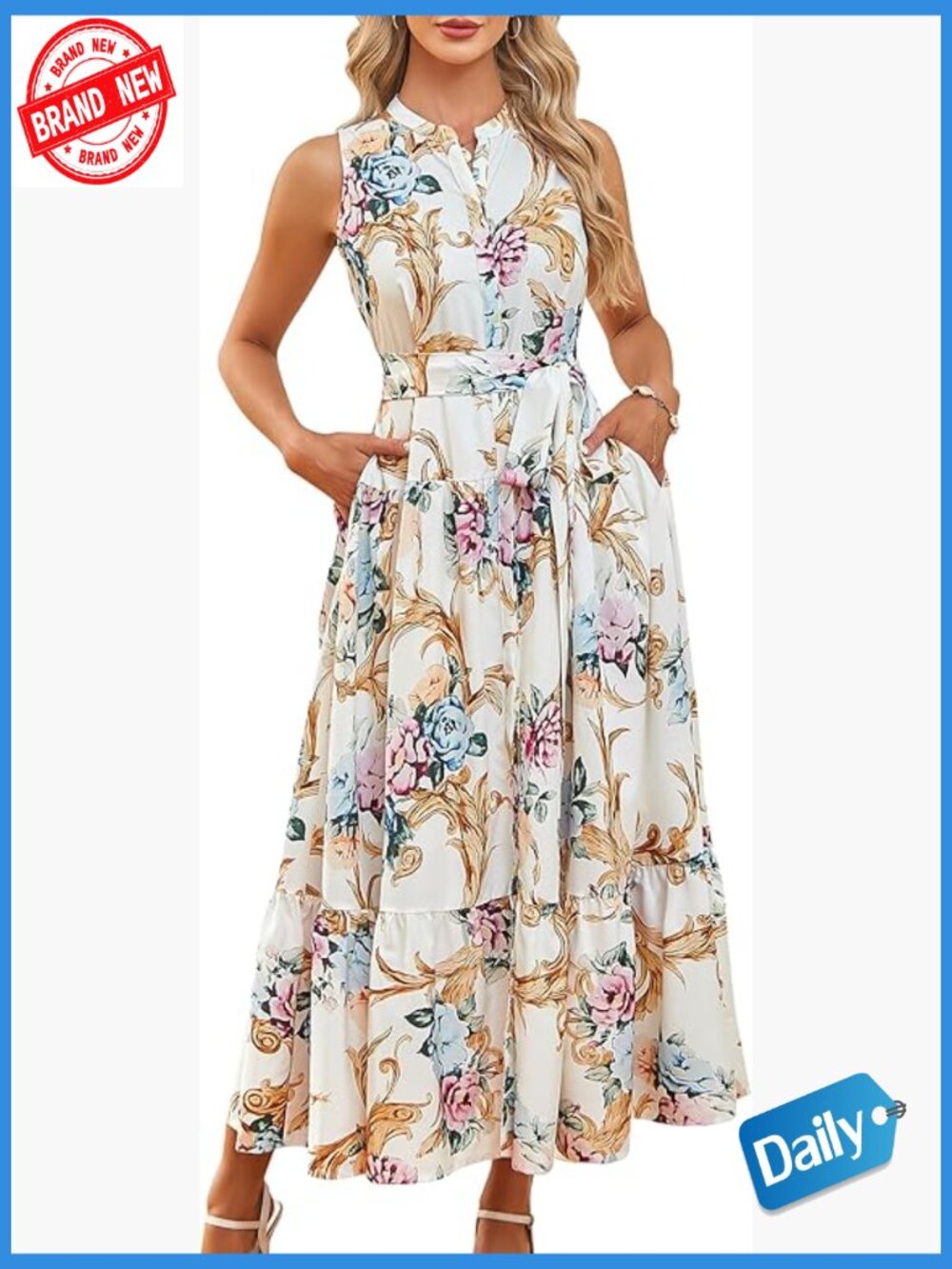 Sleeveless Floral Maxi Dress V Neck with Pockets Belted Swing